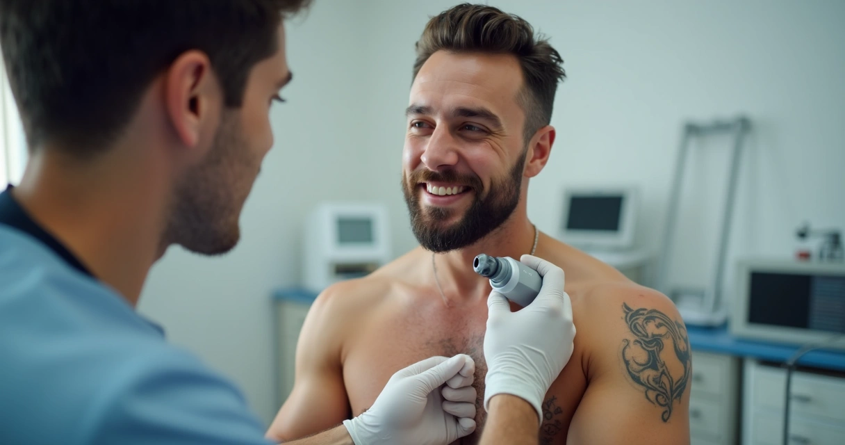 Homem jovem recebe tratamento a laser na remoção de tatuagem do braço 