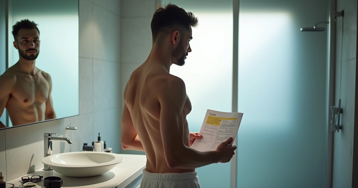 Homem adulto analisa exame hormonal em banheiro com expressão de dúvida 