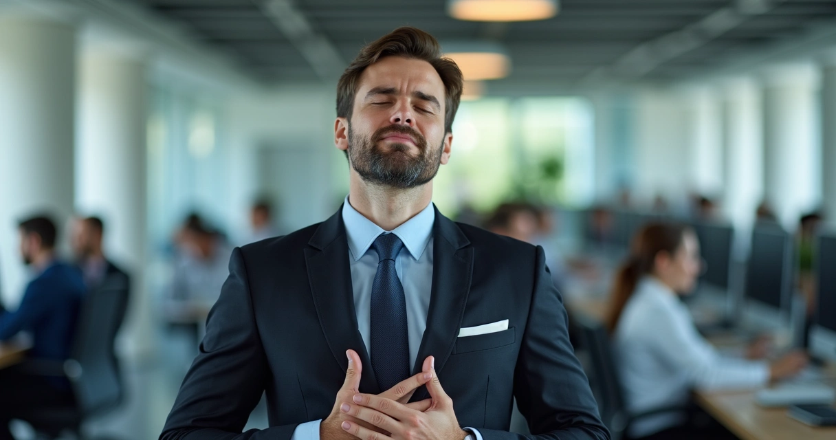 Homem parado em um escritório, olhos fechados, respirando fundo 
