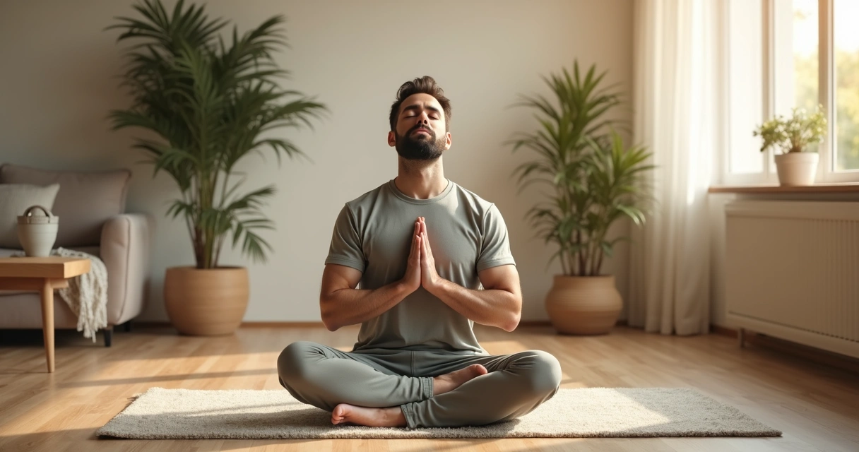 Homem sentado praticando respiração profunda em ambiente calmo