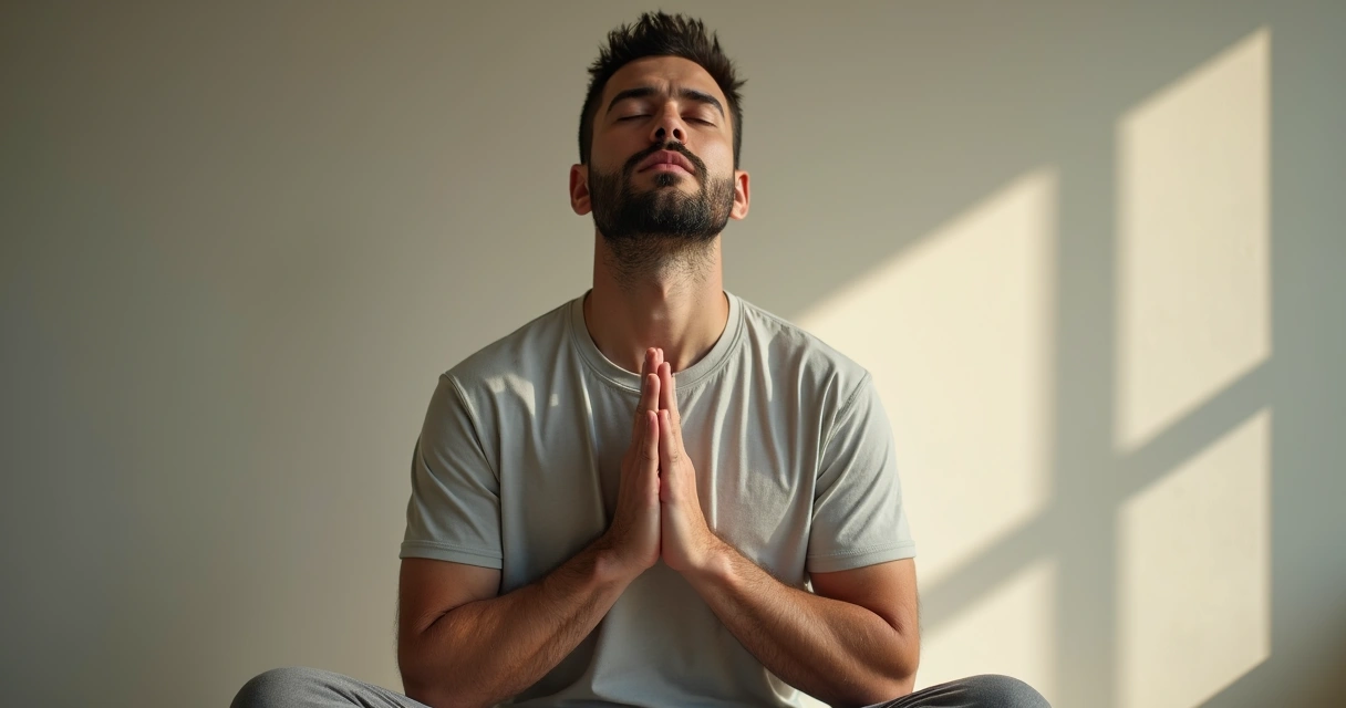 Homem de olhos fechados, sentado, com postura ereta e respiração calma. 