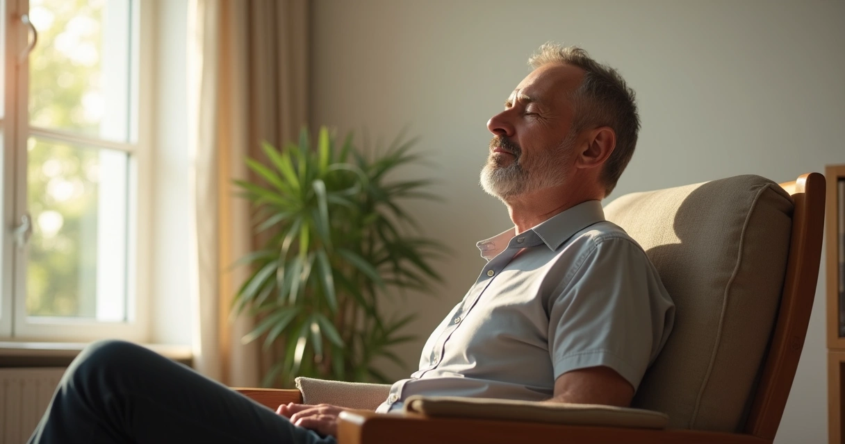 Homem sentado em uma cadeira respirando profundamente com olhos fechados