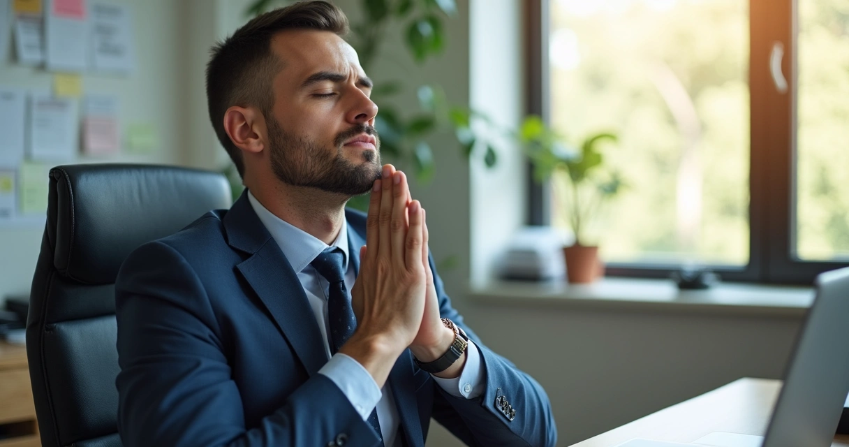 Homem fazendo respiração profunda em ambiente de trabalho