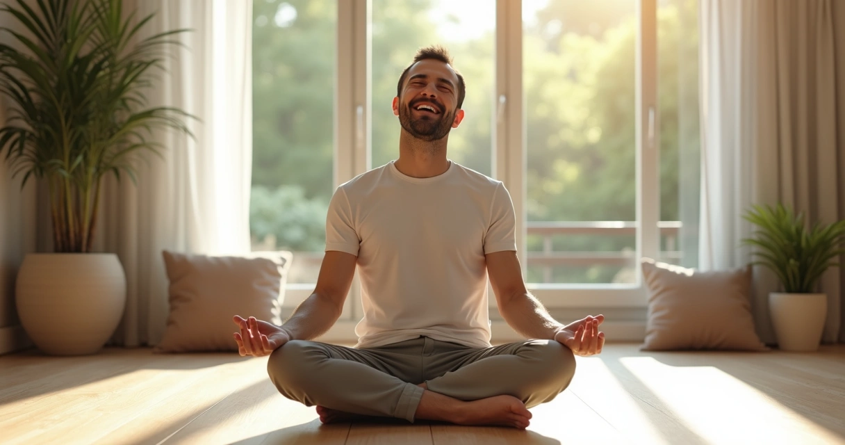 Homem sentado praticando respiração consciente 