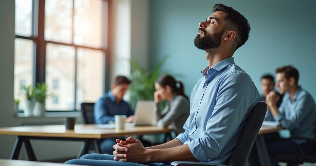 Homem sentado em escritório respirando fundo com olhar focado 