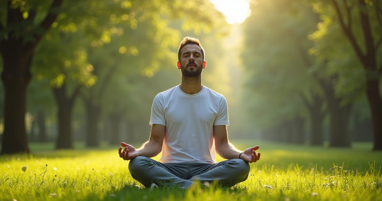 Homem sentado em posição de meditação, olhos fechados, respirando tranquilo na natureza.
