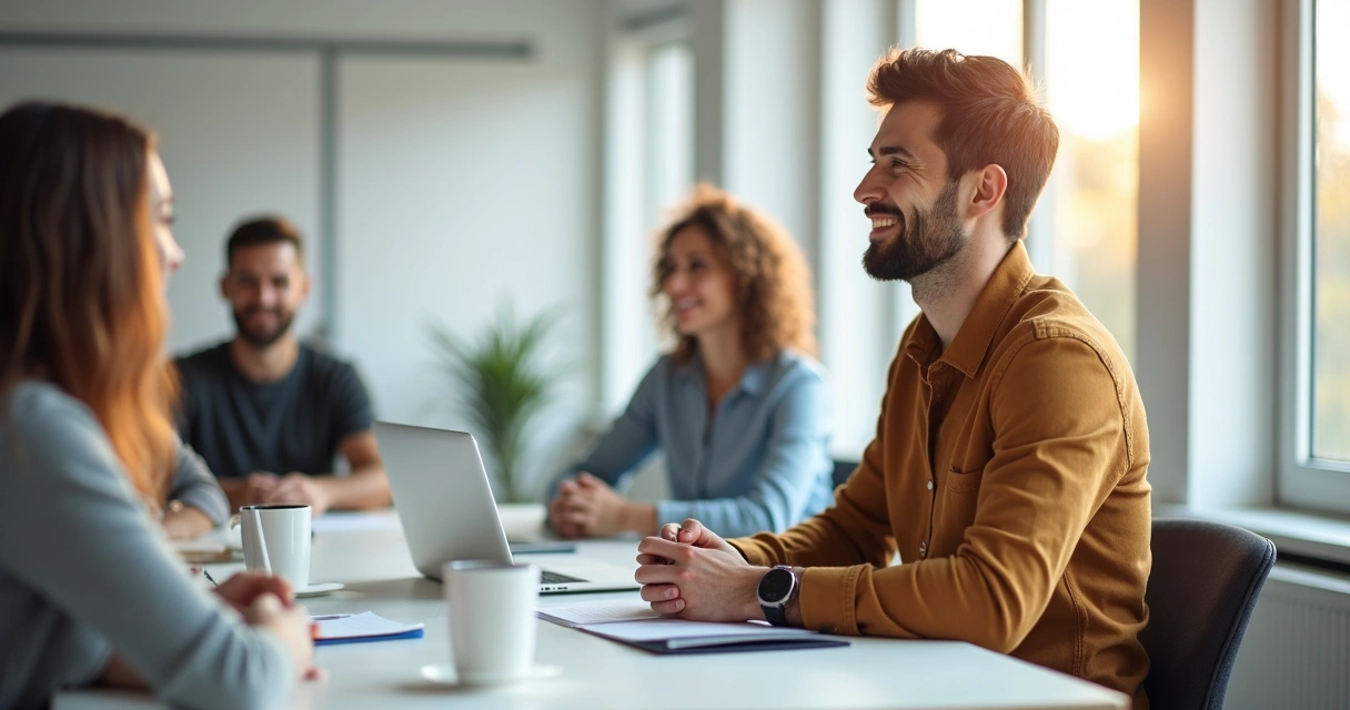 Homem sentado à mesa durante reunião, ouvindo atentamente e sorrindo levemente, colegas ao fundo, ambiente de escritório claro e moderno 