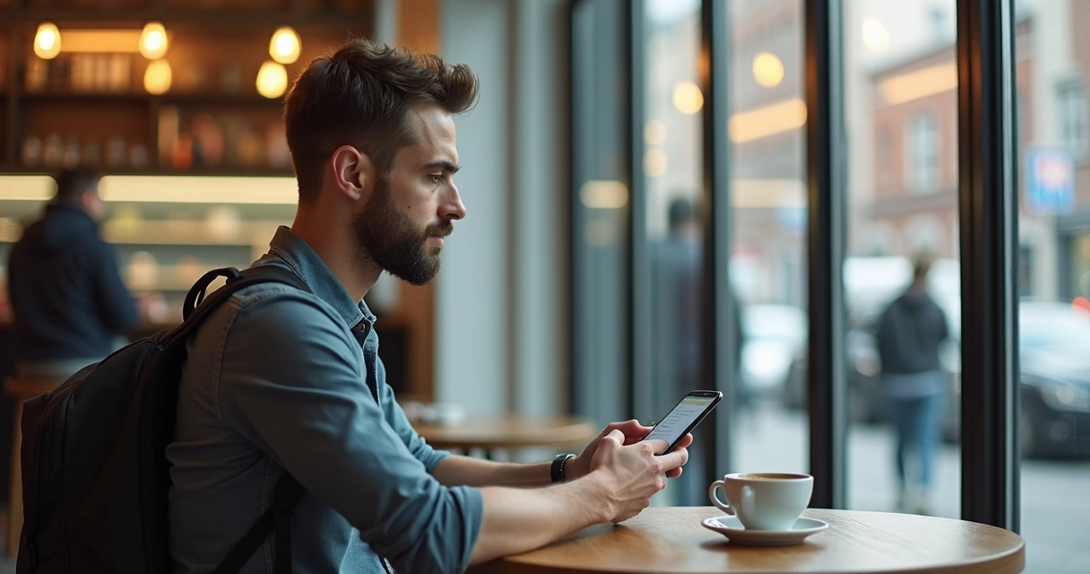 Homem responde pesquisa no celular sentado em cafeteria