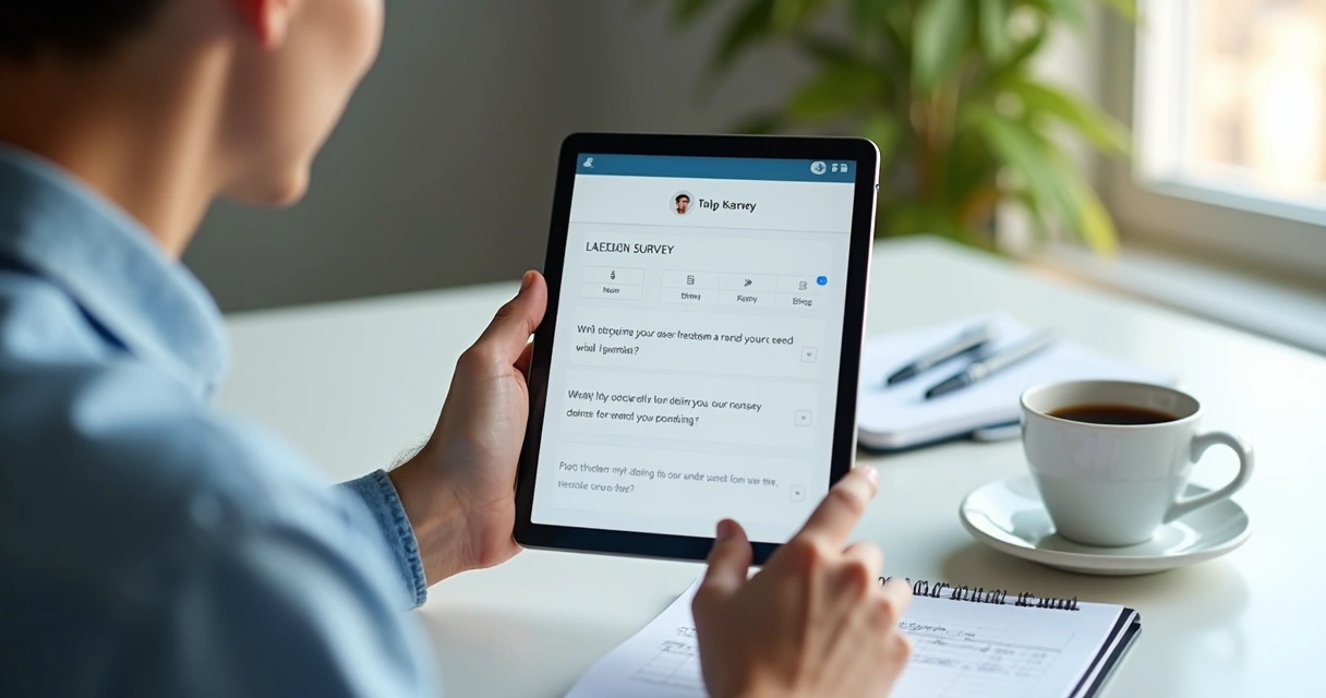 Homem responde pesquisa digital em tablet com fundo claro.