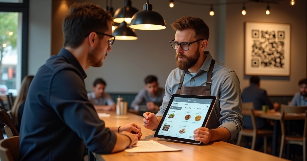 Homem em restaurante usando tablet para atualizar cardápio digital 