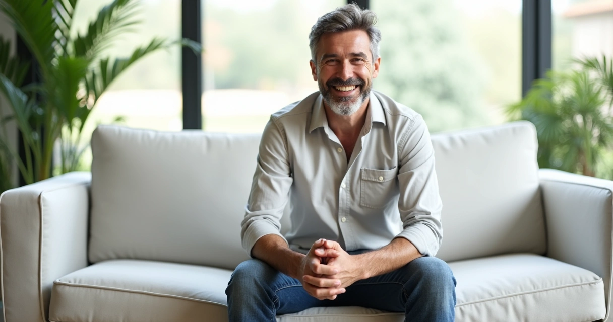Homem adulto sorrindo após cirurgia plástica, sentado, em ambiente iluminado. 