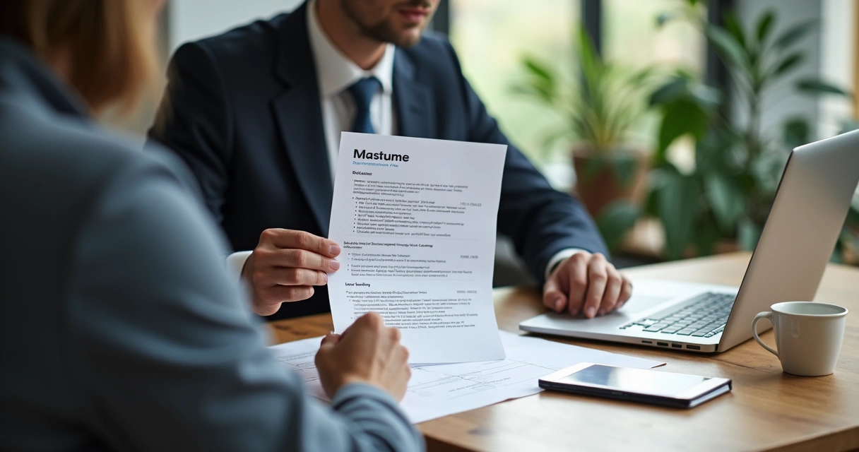 Homem revisando currículo sobre uma mesa de madeira 