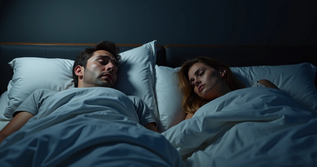 Homem roncando enquanto mulher acordada olha preocupada ao lado na cama. 