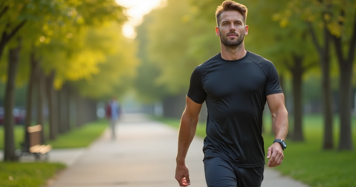 Homem de roupas esportivas caminhando com autoconfiança 