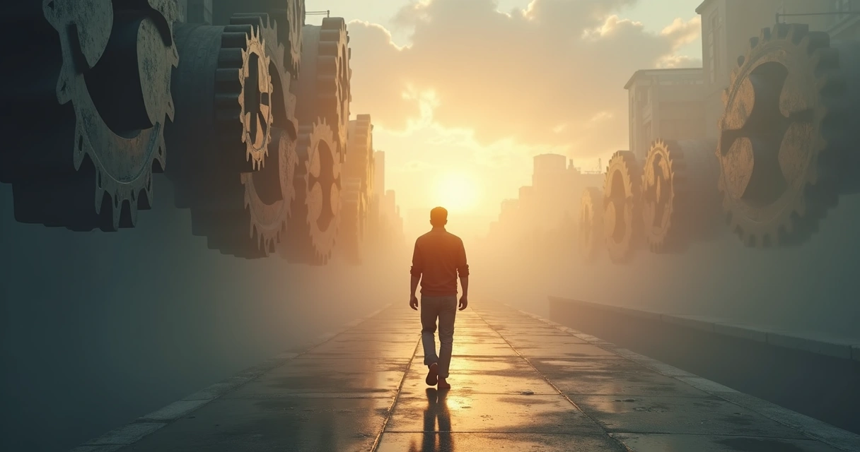 Homem caminhando entre engrenagens nebulosas em direção a um horizonte claro 