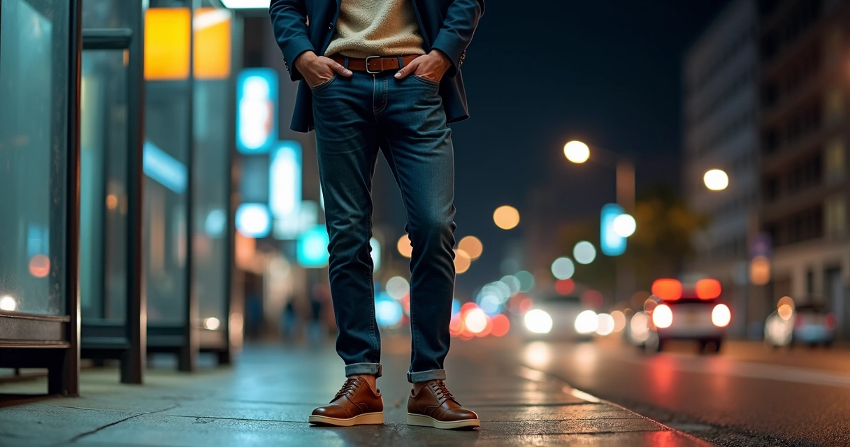 Homem adulto com sapatênis neutro esperando ônibus à noite em ponto urbano iluminado 