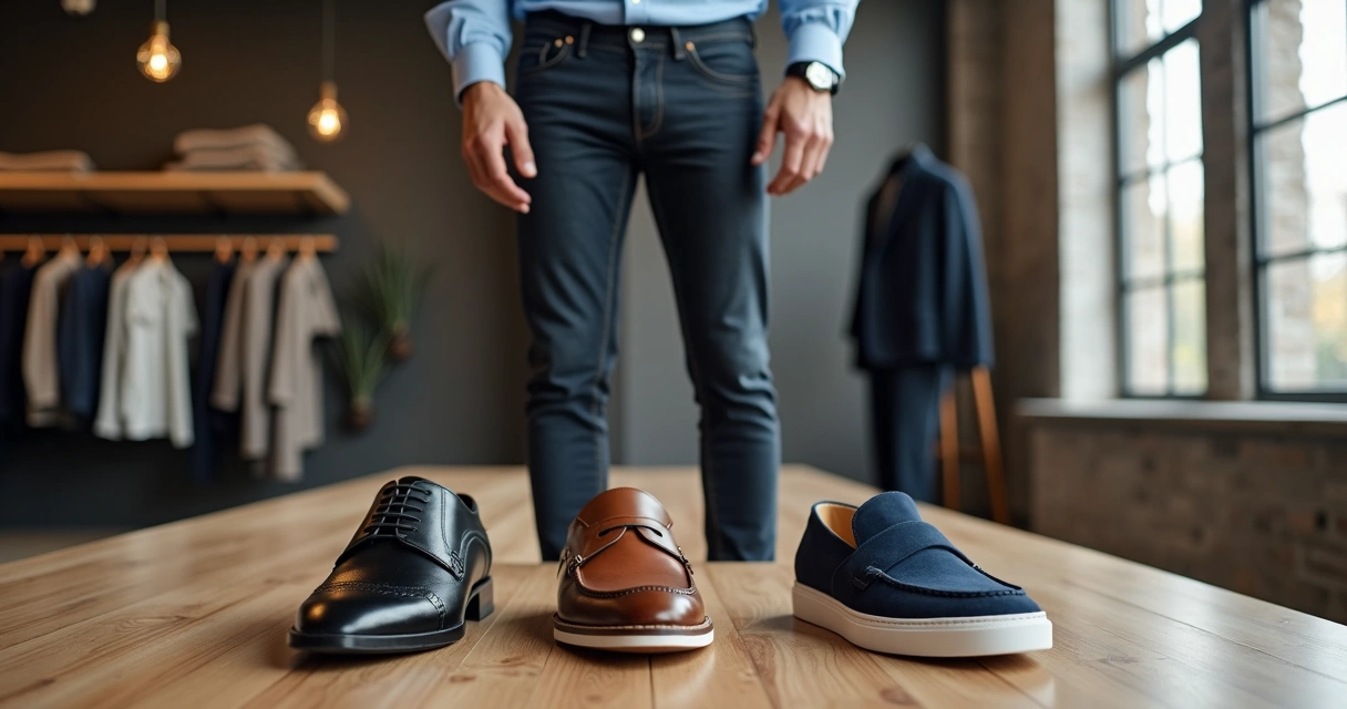 Homem experimentando diferentes sapatos masculinos lado a lado em ambiente moderno 