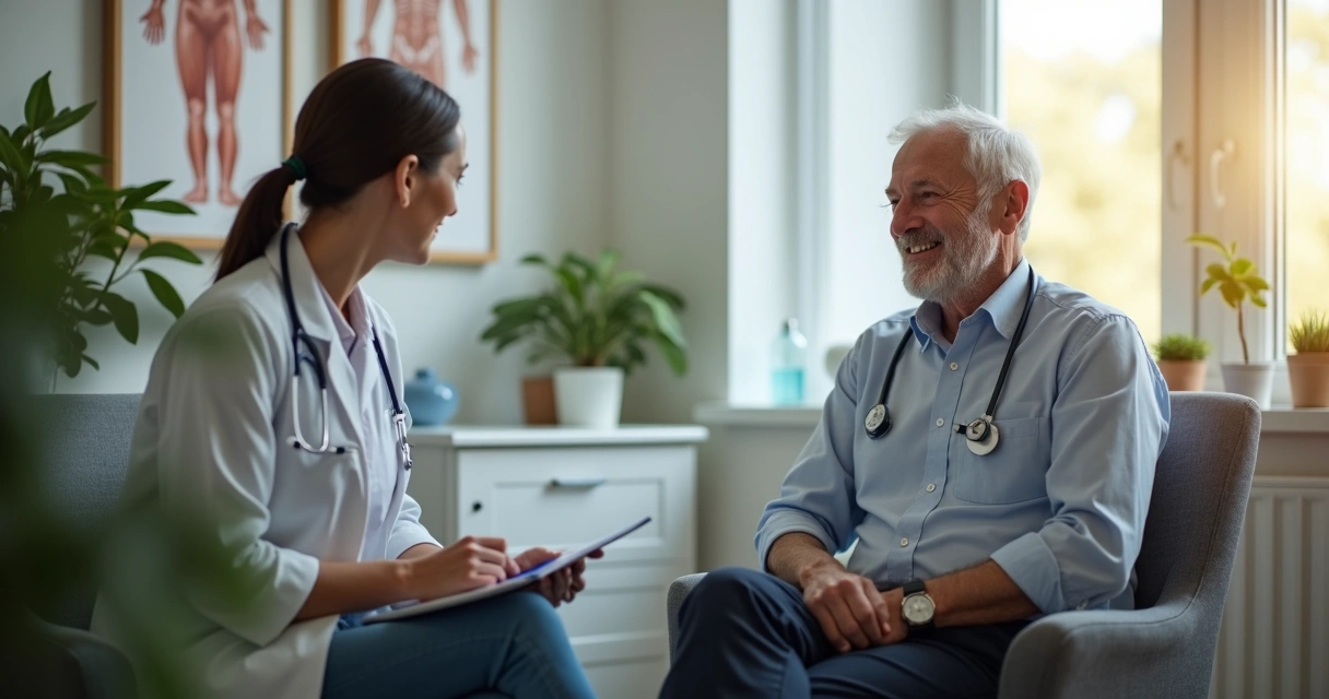 Homem sorridente sentado em consultório médico após tratamento para disfunção erétil.