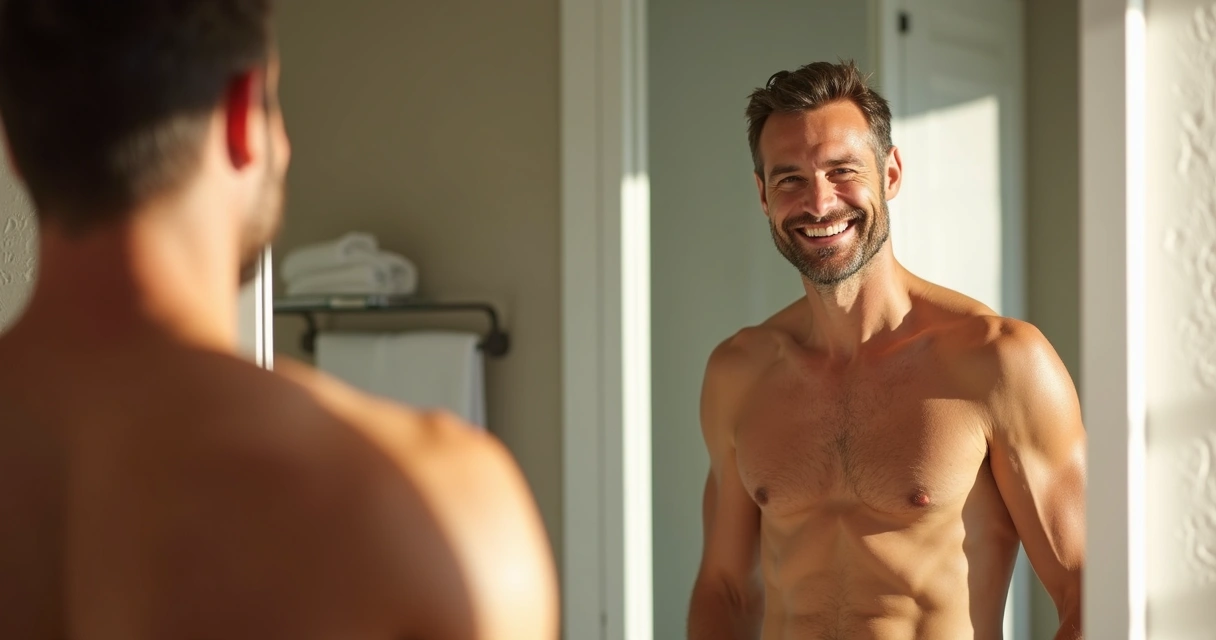 Homem feliz olhando para o espelho, sorrindo confiante.