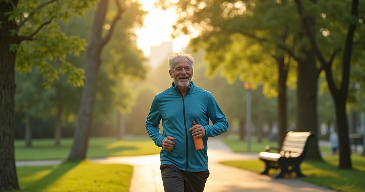 Homem de meia-idade caminhando em parque arborizado 