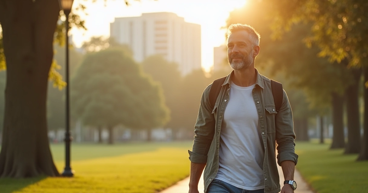 Homem adulto caminhando ao ar livre, semblante tranquilo 