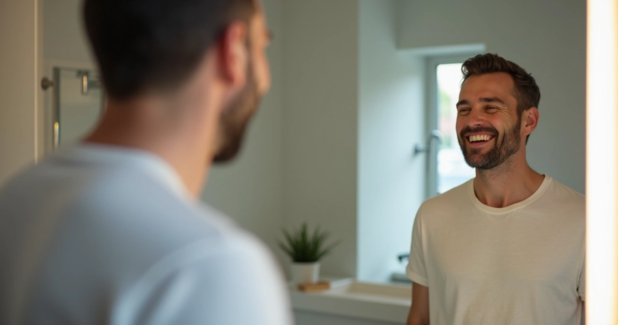 Homem sorrindo enquanto se olha em um espelho, expressando satisfação consigo mesmo 