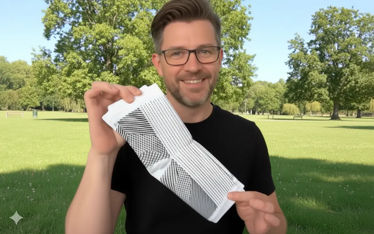 Homem sorridente segurando meias de compressão NeuroFit em um parque ensolarado