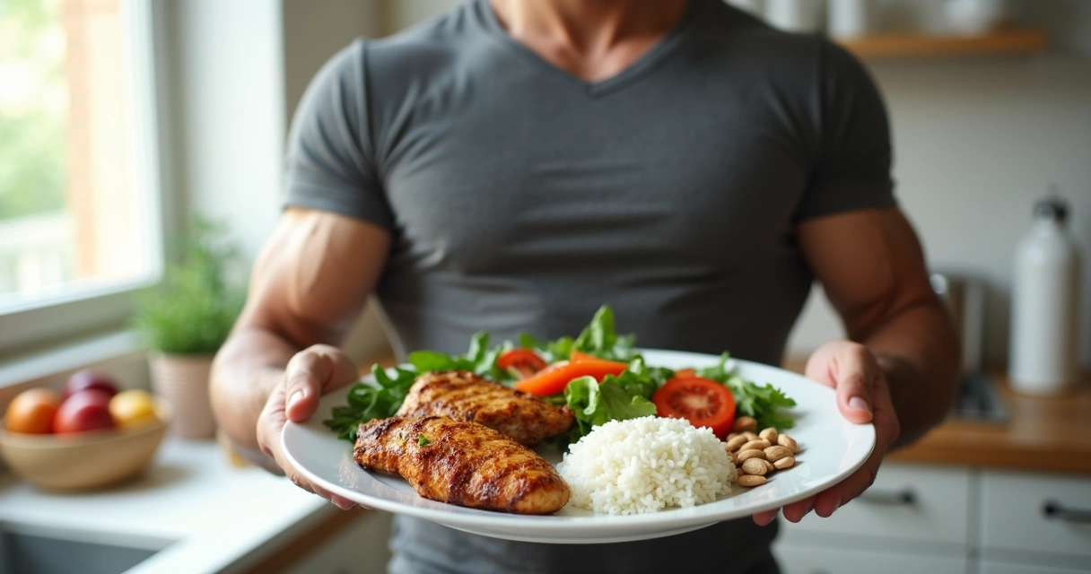 Homem segurando prato com alimentos saudáveis e balanceados para musculação 