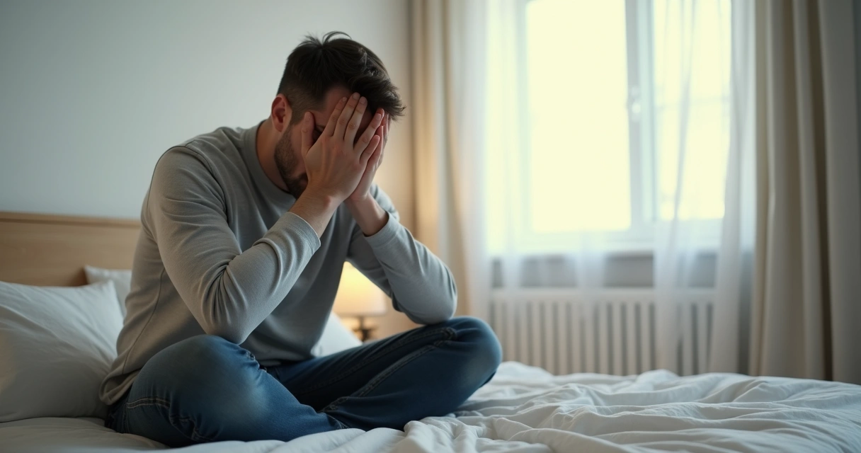 Homem sentado com as mãos no rosto em postura de tensão