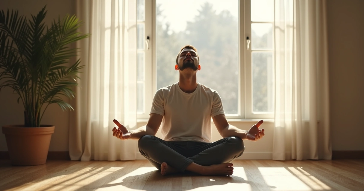 Homem sentado ao lado de uma janela com luz natural, olhos fechados e postura tranquila 