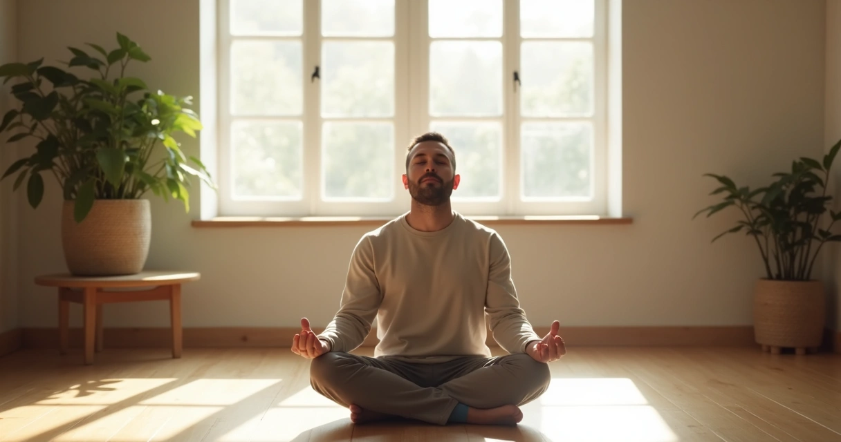 Homem sentado em posição de meditação em uma sala tranquila 