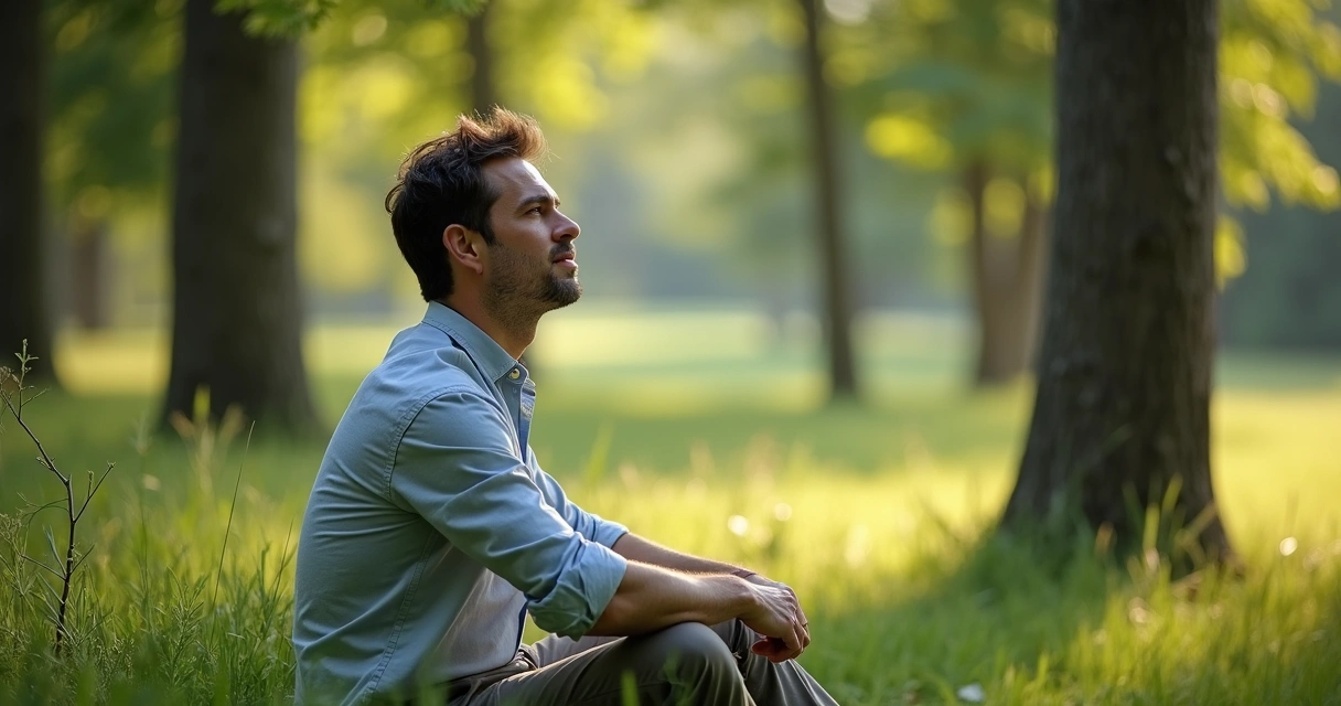 Homem sentado em meio à natureza em postura de reflexão 