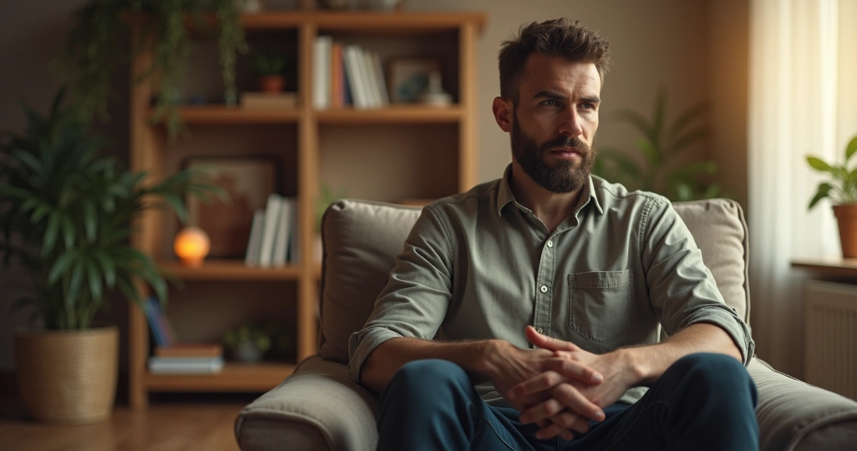Homem sentado refletindo sobre emoções em ambiente neutro 