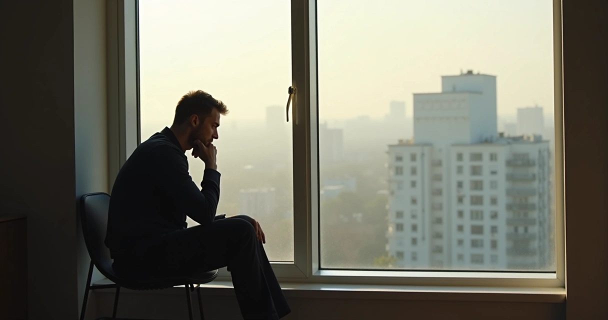 Homem sentado próximo a uma janela refletindo, com luz suave e ambiente calmo