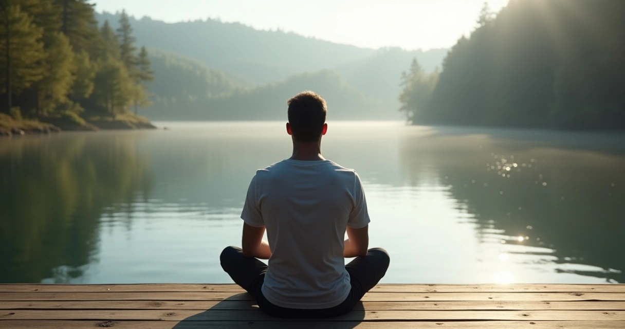 Homem sentado em posição de reflexão cercado pela natureza 