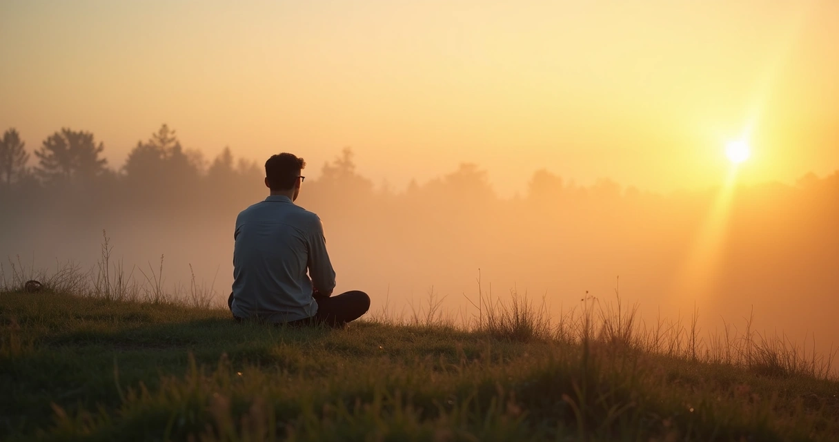 Pessoa sentada em silêncio em meio à natureza, olhando para o horizonte 