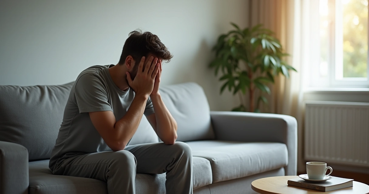Homem sentado em sofá olhando pela janela com expressão de cansaço e desânimo 