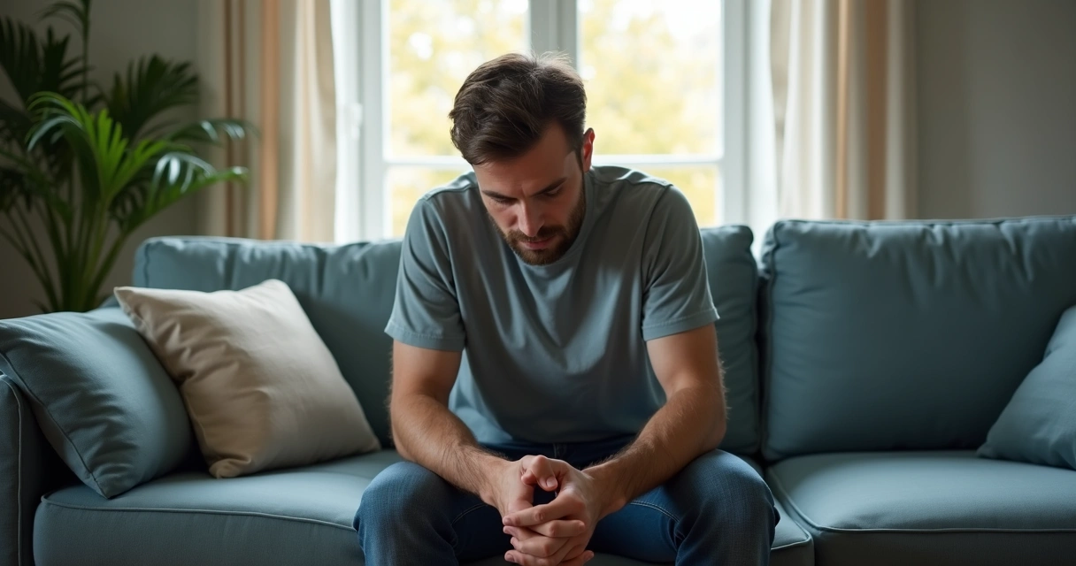 Homem pensativo sentado no sofá olhando para baixo, mãos entrelaçadas 