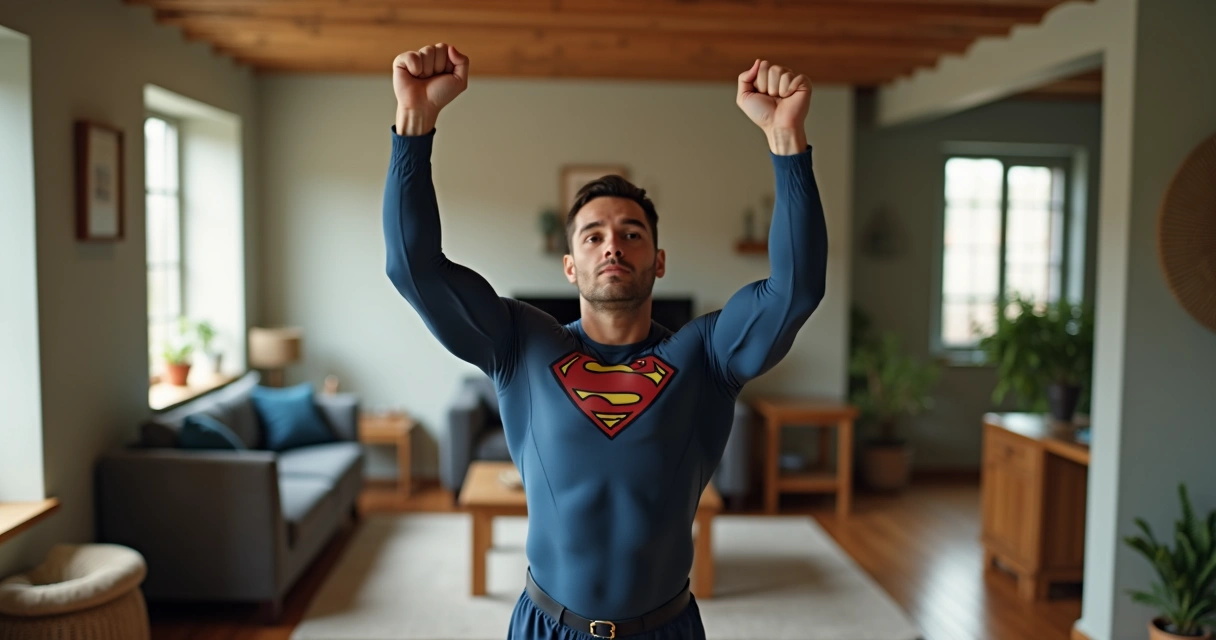 Homem fazendo Superman em casa, com móveis de fundo e expressão de concentração 