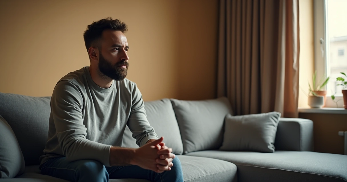 Homem sentado sozinho no sofá, olhando para baixo, em ambiente doméstico iluminado por luz suave 