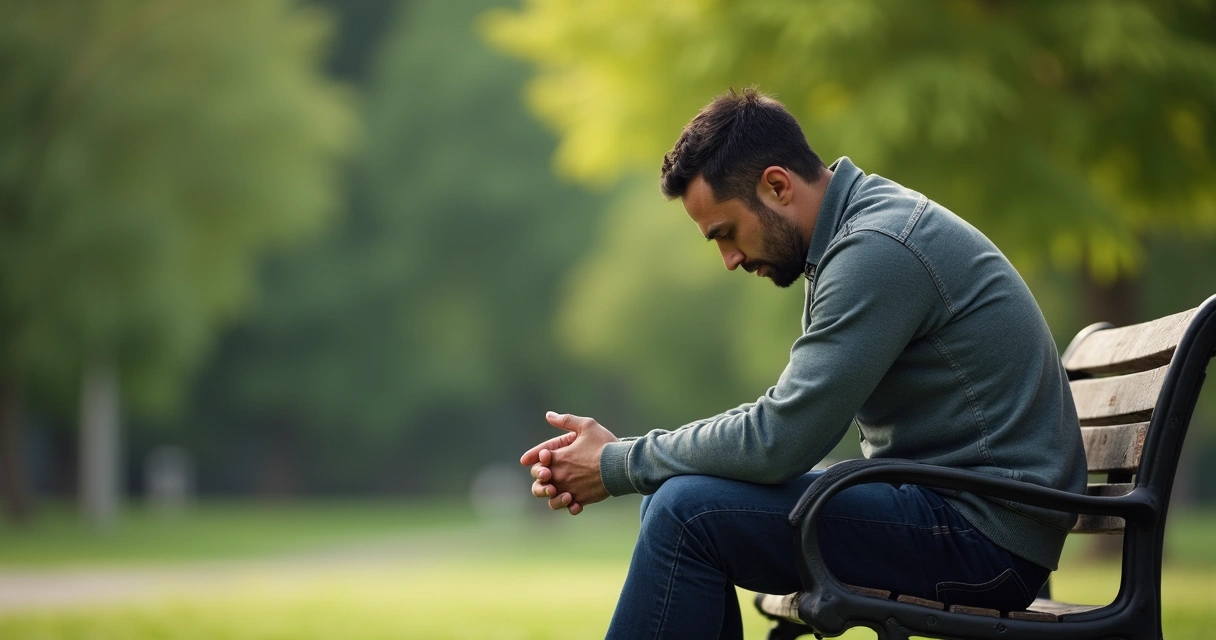 Homem sentado sozinho em um banco de praça, cabisbaixo e pensativo 