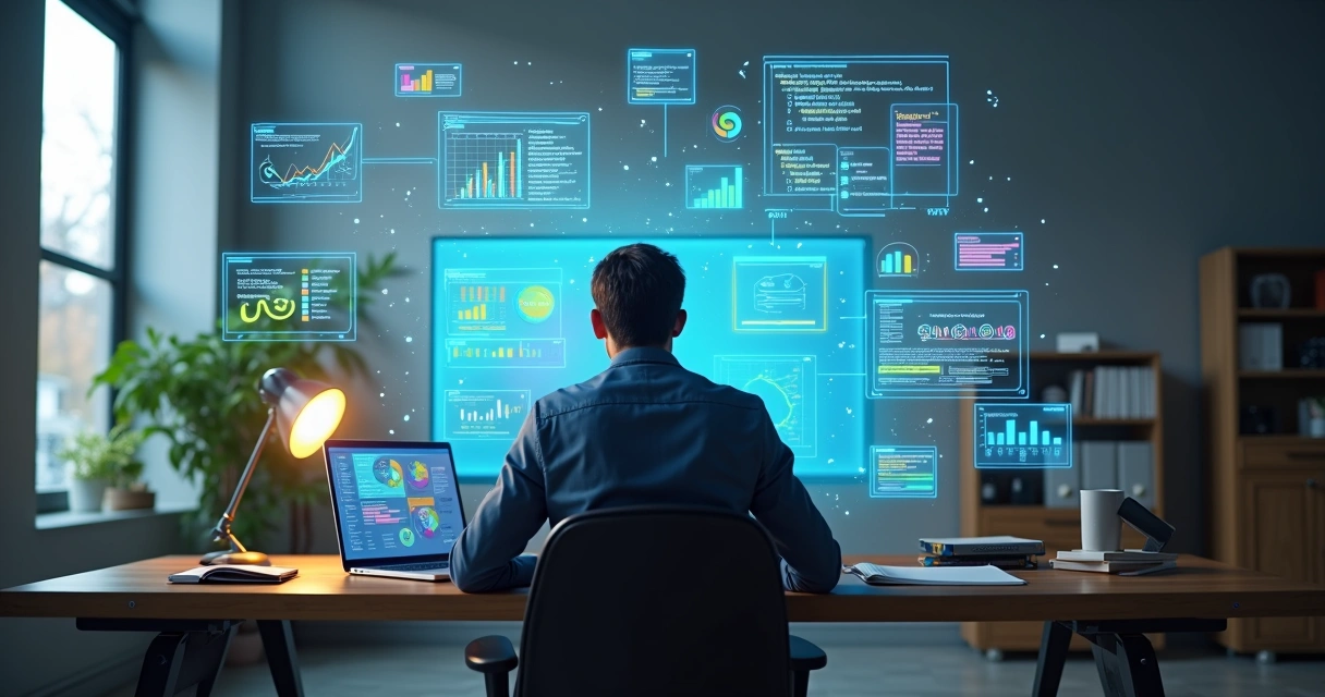 Hombre trabajando solo en una laptop con múltiples pantallas que muestran gráficos y código de software a su alrededor, en una oficina moderna.