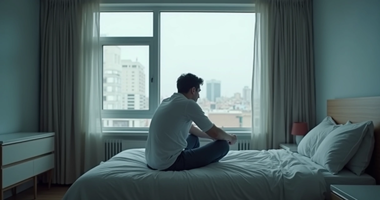 Homem sentado sozinho, olhando para fora da janela 