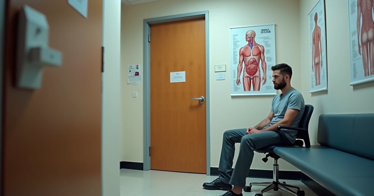 Homem sentado sozinho em consultório médico moderno 