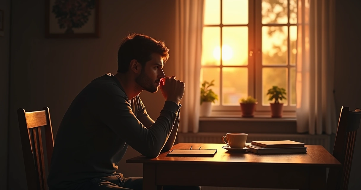 Homem sentado sozinho à mesa olhando para a janela, luz suave do entardecer