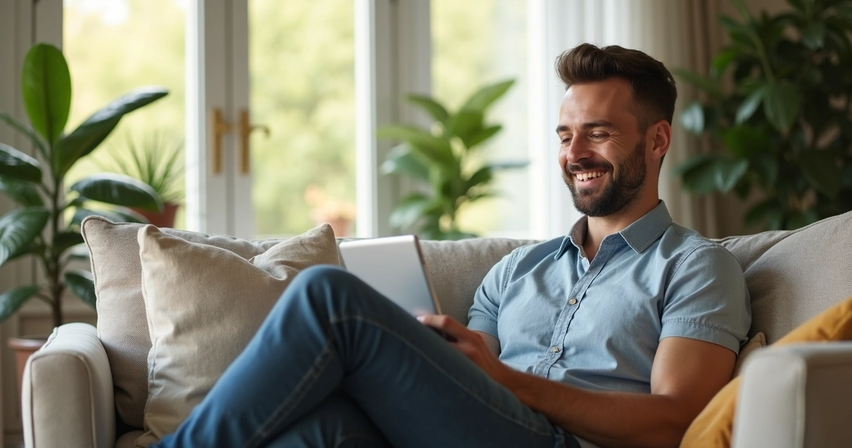 Homem jovem sorridente relaxando em casa em ambiente claro