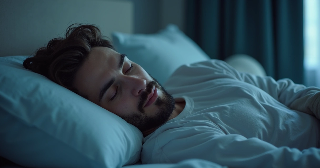 Homem deitado na cama, dormindo profundamente, com uma expressão serena. Uma sombra ao fundo sugere indecisão ou dúvida.