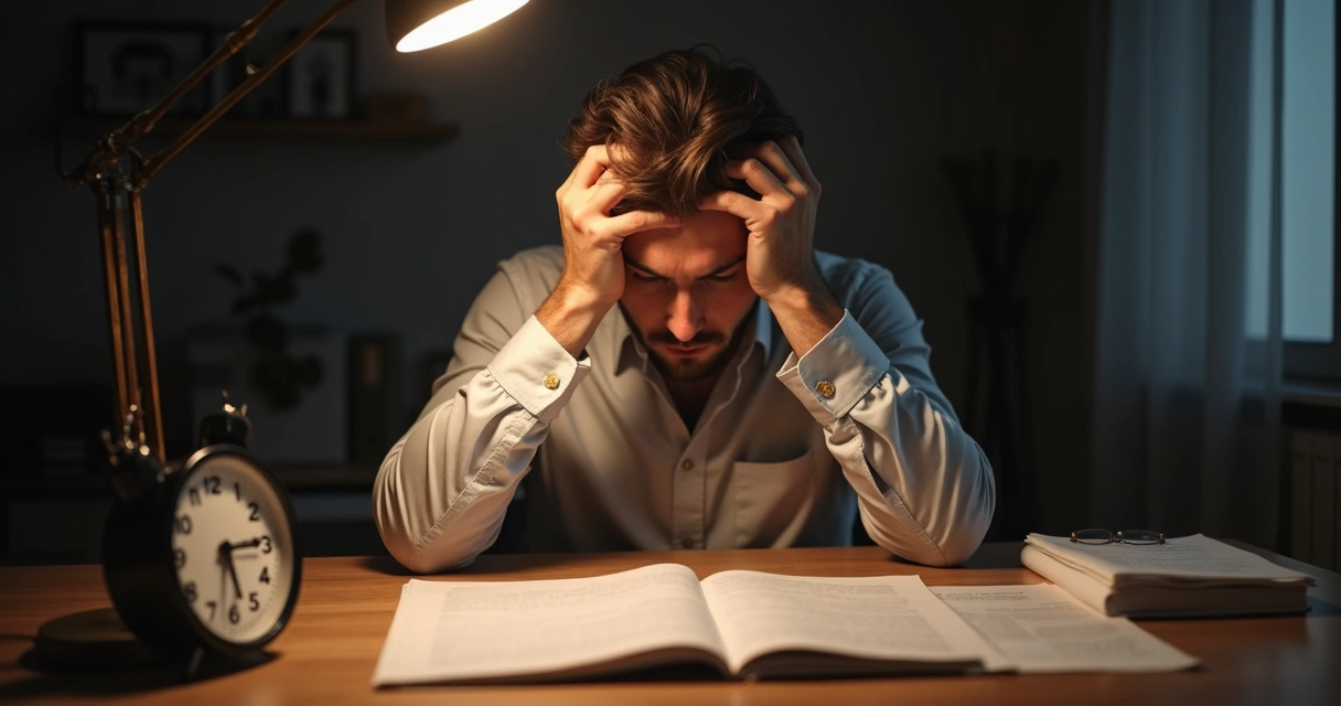 Homem sentado com expressão reflexiva à luz baixa 