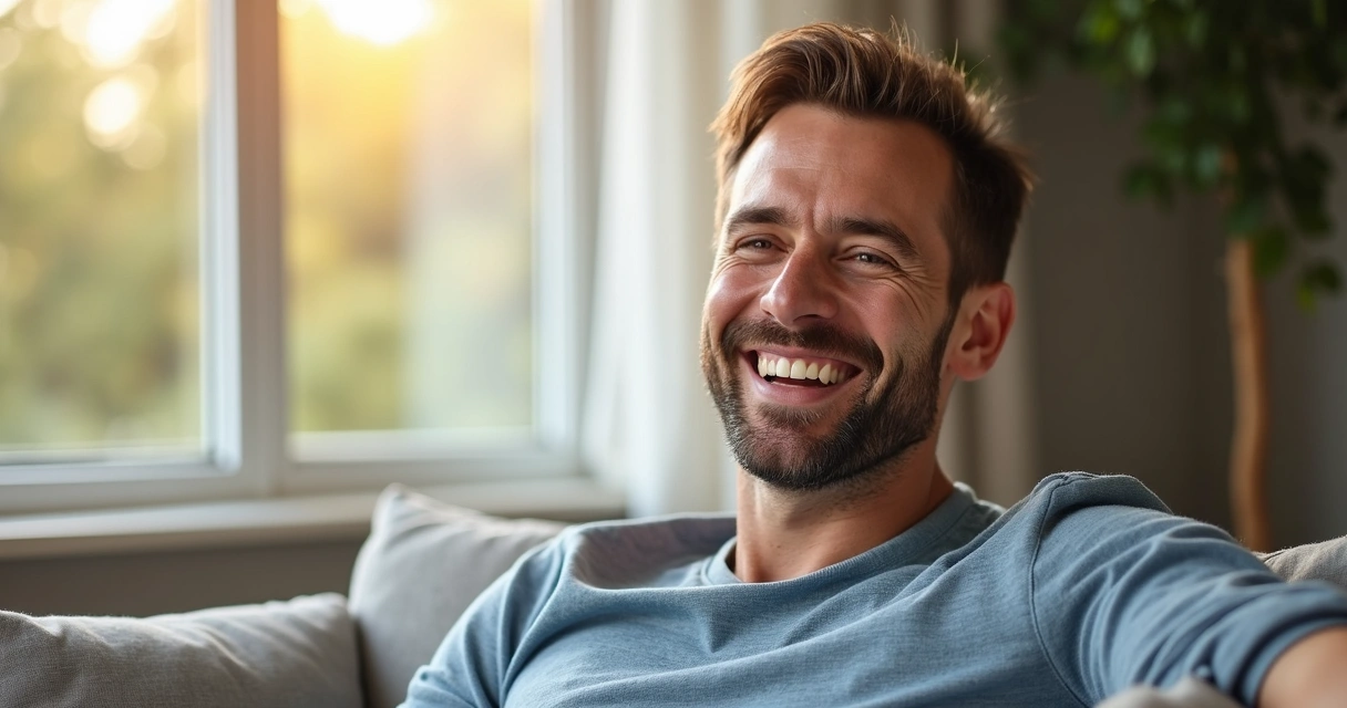 Homem sorridente sentado em casa após vasectomia 