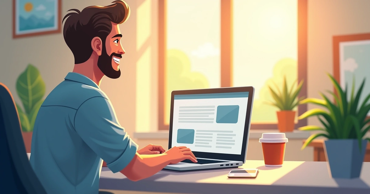 Homem sorrindo enquanto navega em um site fácil de usar 